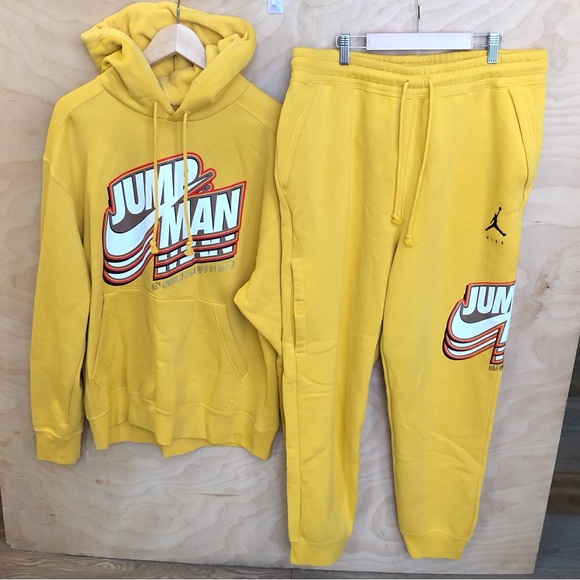 NWOT Nike Air Jordan Jump Man Hoodie and Jogger Set Yellow Mens Sz L.